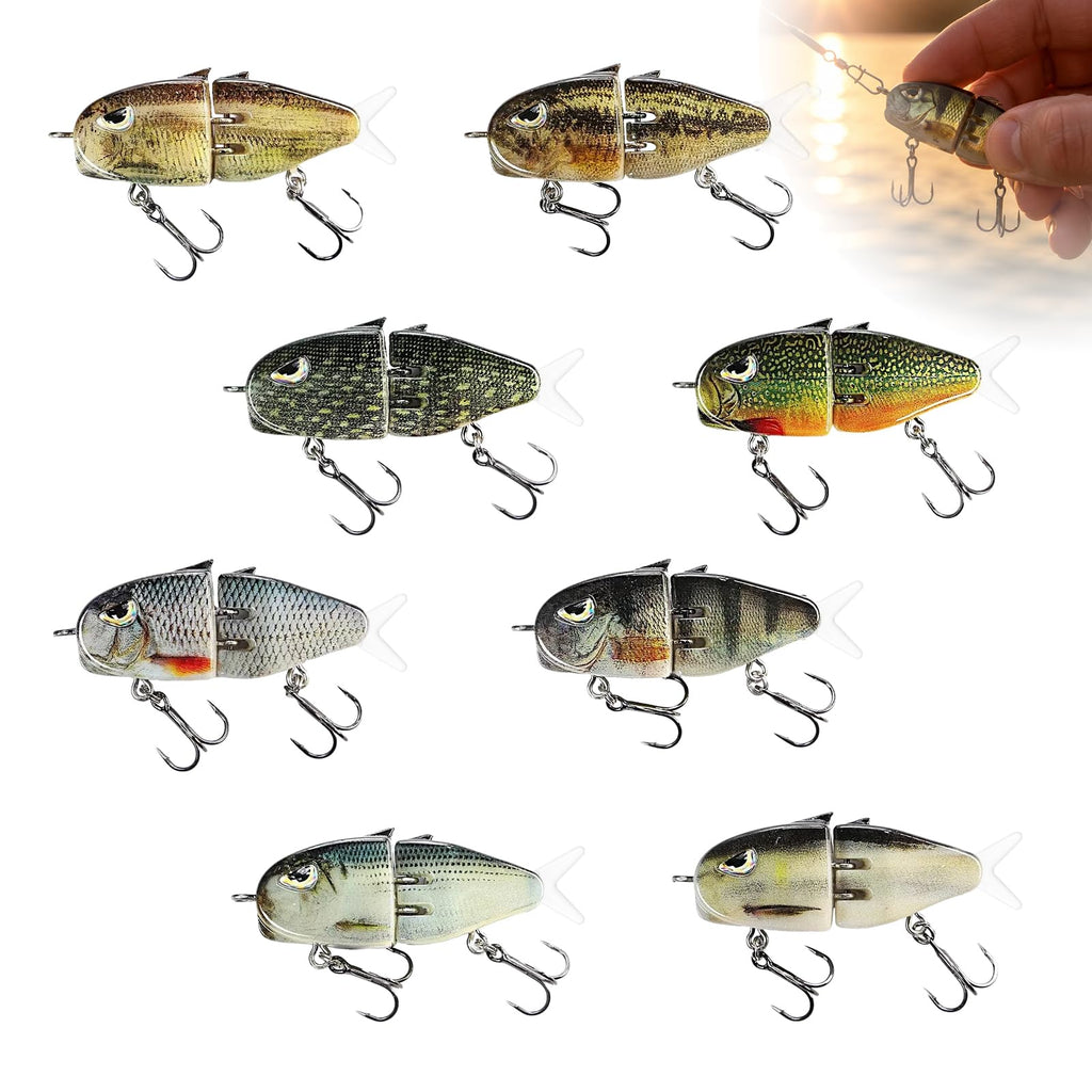 Eastrpupira 8 Pack Mini Glide Bait, Glide Baits for Bass, Freshwater Saltwater Multi Jointed Swimbait with Floating Rotating Tail Barb Treble Hooks