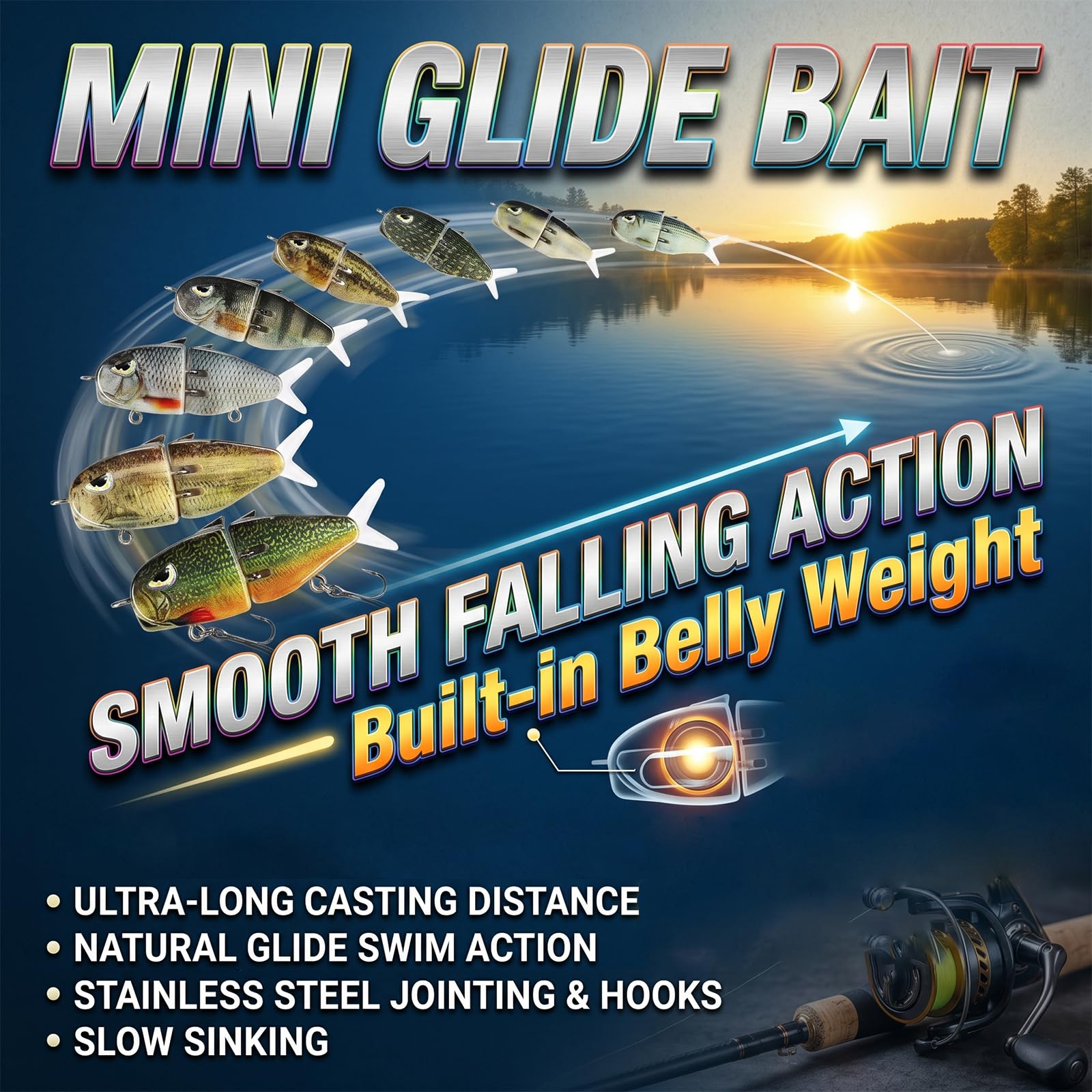 Eastrpupira 8 Pack Mini Glide Bait, Glide Baits for Bass, Freshwater Saltwater Multi Jointed Swimbait with Floating Rotating Tail Barb Treble Hooks