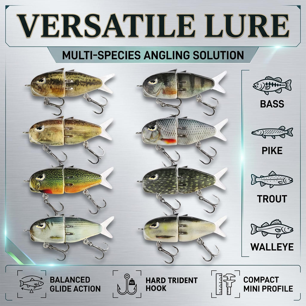 Eastrpupira 8 Pack Mini Glide Bait, Glide Baits for Bass, Freshwater Saltwater Multi Jointed Swimbait with Floating Rotating Tail Barb Treble Hooks